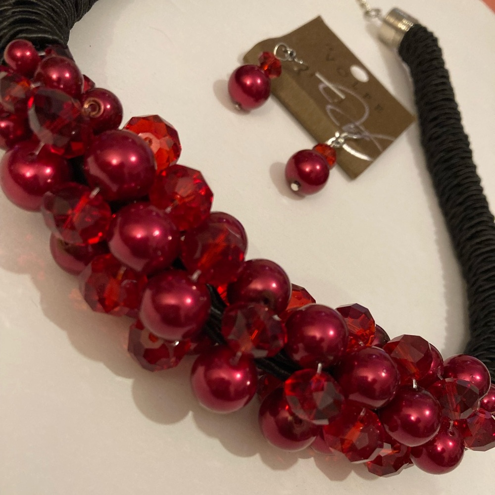 Beautiful Beaded Necklace/Earring Set Ruby Red/Bl… - image 2
